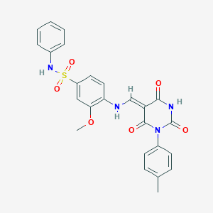 molecular formula C25H22N4O6S B333786 3-methoxy-4-[[(Z)-[1-(4-methylphenyl)-2,4,6-trioxo-1,3-diazinan-5-ylidene]methyl]amino]-N-phenylbenzenesulfonamide 