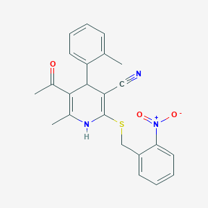 molecular formula C23H21N3O3S B333846 5-Acetyl-2-({2-nitrobenzyl}sulfanyl)-6-methyl-4-(2-methylphenyl)-1,4-dihydro-3-pyridinecarbonitrile 