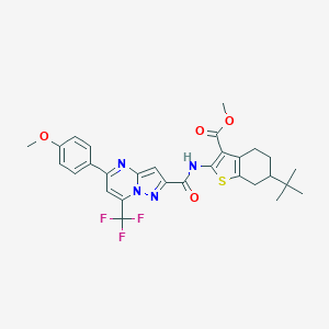 molecular formula C29H29F3N4O4S B333873 Methyl 6-tert-butyl-2-({[5-(4-methoxyphenyl)-7-(trifluoromethyl)pyrazolo[1,5-a]pyrimidin-2-yl]carbonyl}amino)-4,5,6,7-tetrahydro-1-benzothiophene-3-carboxylate 