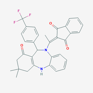 molecular formula C33H27F3N2O3 B333875 2-(1-{3,3-dimethyl-1-oxo-11-[4-(trifluoromethyl)phenyl]-1,2,3,4,5,11-hexahydro-10H-dibenzo[b,e][1,4]diazepin-10-yl}ethylidene)-1H-indene-1,3(2H)-dione 