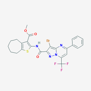 molecular formula C25H20BrF3N4O3S B333882 methyl 2-({[3-bromo-5-phenyl-7-(trifluoromethyl)pyrazolo[1,5-a]pyrimidin-2-yl]carbonyl}amino)-5,6,7,8-tetrahydro-4H-cyclohepta[b]thiophene-3-carboxylate 