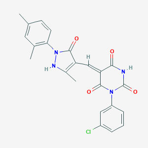 molecular formula C23H19ClN4O4 B333896 (5Z)-1-(3-chlorophenyl)-5-[[2-(2,4-dimethylphenyl)-5-methyl-3-oxo-1H-pyrazol-4-yl]methylidene]-1,3-diazinane-2,4,6-trione 