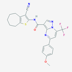 molecular formula C25H20F3N5O2S B333900 N-(3-cyano-5,6,7,8-tetrahydro-4H-cyclohepta[b]thiophen-2-yl)-5-(4-methoxyphenyl)-7-(trifluoromethyl)pyrazolo[1,5-a]pyrimidine-3-carboxamide 