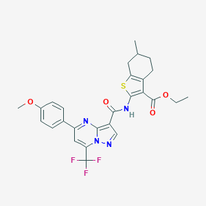 molecular formula C27H25F3N4O4S B333909 Ethyl 2-({[5-(4-methoxyphenyl)-7-(trifluoromethyl)pyrazolo[1,5-a]pyrimidin-3-yl]carbonyl}amino)-6-methyl-4,5,6,7-tetrahydro-1-benzothiophene-3-carboxylate 