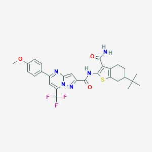 molecular formula C28H28F3N5O3S B333919 N-[3-(aminocarbonyl)-6-tert-butyl-4,5,6,7-tetrahydro-1-benzothien-2-yl]-5-(4-methoxyphenyl)-7-(trifluoromethyl)pyrazolo[1,5-a]pyrimidine-2-carboxamide 