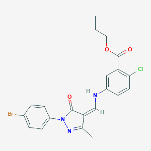 molecular formula C21H19BrClN3O3 B333950 propyl 5-[[(Z)-[1-(4-bromophenyl)-3-methyl-5-oxopyrazol-4-ylidene]methyl]amino]-2-chlorobenzoate 