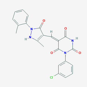 molecular formula C22H17ClN4O4 B333953 (5Z)-1-(3-chlorophenyl)-5-[[5-methyl-2-(2-methylphenyl)-3-oxo-1H-pyrazol-4-yl]methylidene]-1,3-diazinane-2,4,6-trione 