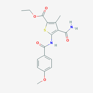 molecular formula C17H18N2O5S B333965 Ethyl 4-(aminocarbonyl)-5-[(4-methoxybenzoyl)amino]-3-methyl-2-thiophenecarboxylate 