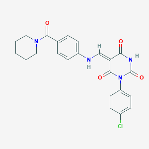 molecular formula C23H21ClN4O4 B333990 (5Z)-1-(4-chlorophenyl)-5-[[4-(piperidine-1-carbonyl)anilino]methylidene]-1,3-diazinane-2,4,6-trione 