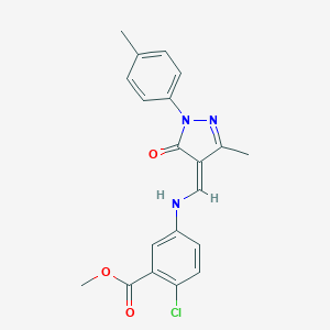 molecular formula C20H18ClN3O3 B334003 methyl 2-chloro-5-[[(Z)-[3-methyl-1-(4-methylphenyl)-5-oxopyrazol-4-ylidene]methyl]amino]benzoate 