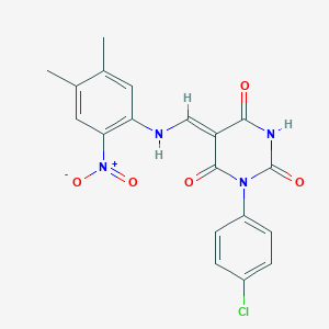 molecular formula C19H15ClN4O5 B334007 (5Z)-1-(4-chlorophenyl)-5-[(4,5-dimethyl-2-nitroanilino)methylidene]-1,3-diazinane-2,4,6-trione 