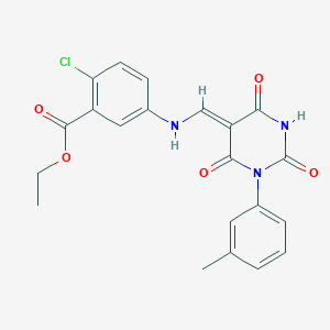 molecular formula C21H18ClN3O5 B334011 ethyl 2-chloro-5-[[(Z)-[1-(3-methylphenyl)-2,4,6-trioxo-1,3-diazinan-5-ylidene]methyl]amino]benzoate 
