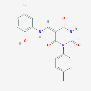 molecular formula C18H14ClN3O4 B334033 (5Z)-5-[(5-chloro-2-hydroxyanilino)methylidene]-1-(4-methylphenyl)-1,3-diazinane-2,4,6-trione 