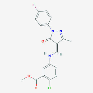 molecular formula C19H15ClFN3O3 B334036 methyl 2-chloro-5-[[(Z)-[1-(4-fluorophenyl)-3-methyl-5-oxopyrazol-4-ylidene]methyl]amino]benzoate 
