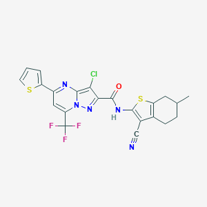 molecular formula C22H15ClF3N5OS2 B334050 3-chloro-N-(3-cyano-6-methyl-4,5,6,7-tetrahydro-1-benzothien-2-yl)-5-(2-thienyl)-7-(trifluoromethyl)pyrazolo[1,5-a]pyrimidine-2-carboxamide 