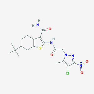 molecular formula C19H24ClN5O4S B334055 6-tert-butyl-2-[({4-chloro-3-nitro-5-methyl-1H-pyrazol-1-yl}acetyl)amino]-4,5,6,7-tetrahydro-1-benzothiophene-3-carboxamide 