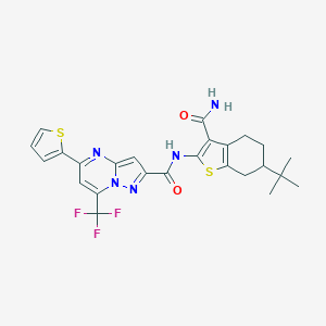 molecular formula C25H24F3N5O2S2 B334062 N-(6-tert-butyl-3-carbamoyl-4,5,6,7-tetrahydro-1-benzothiophen-2-yl)-5-(thiophen-2-yl)-7-(trifluoromethyl)pyrazolo[1,5-a]pyrimidine-2-carboxamide 