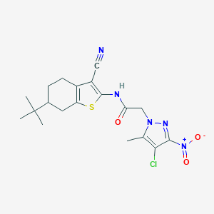 molecular formula C19H22ClN5O3S B334078 N-(6-tert-butyl-3-cyano-4,5,6,7-tetrahydro-1-benzothiophen-2-yl)-2-(4-chloro-5-methyl-3-nitro-1H-pyrazol-1-yl)acetamide 