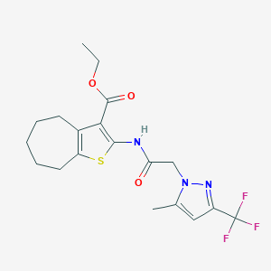 molecular formula C19H22F3N3O3S B334086 ethyl 2-({[5-methyl-3-(trifluoromethyl)-1H-pyrazol-1-yl]acetyl}amino)-5,6,7,8-tetrahydro-4H-cyclohepta[b]thiophene-3-carboxylate 