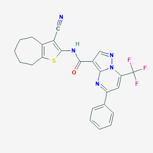 molecular formula C24H18F3N5OS B334088 N-(3-cyano-5,6,7,8-tetrahydro-4H-cyclohepta[b]thiophen-2-yl)-5-phenyl-7-(trifluoromethyl)pyrazolo[1,5-a]pyrimidine-3-carboxamide 