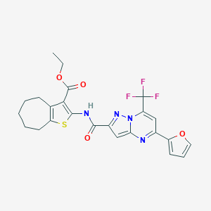 molecular formula C24H21F3N4O4S B334090 ethyl 2-({[5-(2-furyl)-7-(trifluoromethyl)pyrazolo[1,5-a]pyrimidin-2-yl]carbonyl}amino)-5,6,7,8-tetrahydro-4H-cyclohepta[b]thiophene-3-carboxylate 
