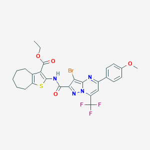 molecular formula C27H24BrF3N4O4S B334092 ethyl 2-({[3-bromo-5-(4-methoxyphenyl)-7-(trifluoromethyl)pyrazolo[1,5-a]pyrimidin-2-yl]carbonyl}amino)-5,6,7,8-tetrahydro-4H-cyclohepta[b]thiophene-3-carboxylate 