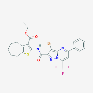 molecular formula C26H22BrF3N4O3S B334098 ethyl 2-({[3-bromo-5-phenyl-7-(trifluoromethyl)pyrazolo[1,5-a]pyrimidin-2-yl]carbonyl}amino)-5,6,7,8-tetrahydro-4H-cyclohepta[b]thiophene-3-carboxylate 
