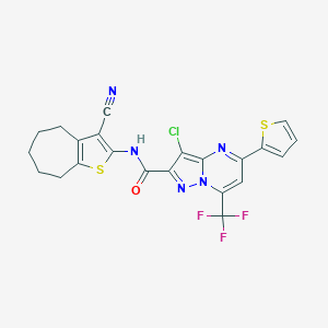 molecular formula C22H15ClF3N5OS2 B334099 3-chloro-N-(3-cyano-5,6,7,8-tetrahydro-4H-cyclohepta[b]thiophen-2-yl)-5-(thiophen-2-yl)-7-(trifluoromethyl)pyrazolo[1,5-a]pyrimidine-2-carboxamide 