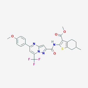 molecular formula C26H23F3N4O4S B334133 Methyl 2-({[5-(4-methoxyphenyl)-7-(trifluoromethyl)pyrazolo[1,5-a]pyrimidin-2-yl]carbonyl}amino)-6-methyl-4,5,6,7-tetrahydro-1-benzothiophene-3-carboxylate 