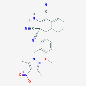 molecular formula C26H25N7O3 B334137 2-amino-4-[3-({4-nitro-3,5-dimethyl-1H-pyrazol-1-yl}methyl)-4-methoxyphenyl]-4a,5,6,7-tetrahydro-1,3,3(4H)-naphthalenetricarbonitrile 
