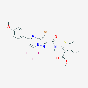 molecular formula C24H20BrF3N4O4S B334141 Methyl 2-({[3-bromo-5-(4-methoxyphenyl)-7-(trifluoromethyl)pyrazolo[1,5-a]pyrimidin-2-yl]carbonyl}amino)-4-ethyl-5-methyl-3-thiophenecarboxylate 