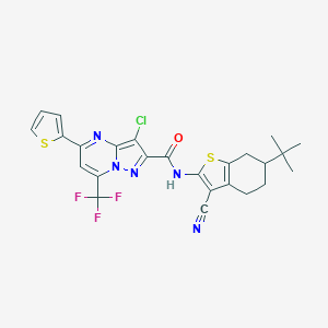 molecular formula C25H21ClF3N5OS2 B334145 N-(6-tert-butyl-3-cyano-4,5,6,7-tetrahydro-1-benzothiophen-2-yl)-3-chloro-5-(thiophen-2-yl)-7-(trifluoromethyl)pyrazolo[1,5-a]pyrimidine-2-carboxamide 