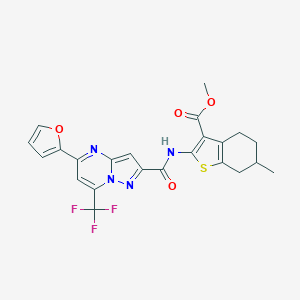 molecular formula C23H19F3N4O4S B334155 Methyl 2-({[5-(2-furyl)-7-(trifluoromethyl)pyrazolo[1,5-a]pyrimidin-2-yl]carbonyl}amino)-6-methyl-4,5,6,7-tetrahydro-1-benzothiophene-3-carboxylate 