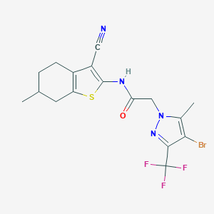 molecular formula C17H16BrF3N4OS B334161 2-[4-bromo-5-methyl-3-(trifluoromethyl)-1H-pyrazol-1-yl]-N-(3-cyano-6-methyl-4,5,6,7-tetrahydro-1-benzothiophen-2-yl)acetamide 
