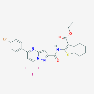 molecular formula C25H20BrF3N4O3S B334162 Ethyl 2-({[5-(4-bromophenyl)-7-(trifluoromethyl)pyrazolo[1,5-a]pyrimidin-2-yl]carbonyl}amino)-4,5,6,7-tetrahydro-1-benzothiophene-3-carboxylate 