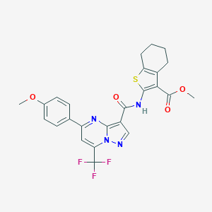 molecular formula C25H21F3N4O4S B334166 Methyl 2-({[5-(4-methoxyphenyl)-7-(trifluoromethyl)pyrazolo[1,5-a]pyrimidin-3-yl]carbonyl}amino)-4,5,6,7-tetrahydro-1-benzothiophene-3-carboxylate 