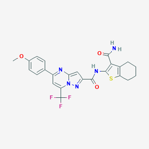 molecular formula C24H20F3N5O3S B334171 N-(3-carbamoyl-4,5,6,7-tetrahydro-1-benzothiophen-2-yl)-5-(4-methoxyphenyl)-7-(trifluoromethyl)pyrazolo[1,5-a]pyrimidine-2-carboxamide 