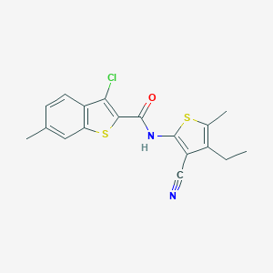 molecular formula C18H15ClN2OS2 B334364 3-chloro-N-(3-cyano-4-ethyl-5-methylthiophen-2-yl)-6-methyl-1-benzothiophene-2-carboxamide 