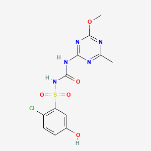 molecular formula C12H12ClN5O5S B3344595 Benzenesulfonamide, 2-chloro-5-hydroxy-N-(((4-methoxy-6-methyl-1,3,5-triazin-2-yl)amino)carbonyl)- CAS No. 81123-38-8