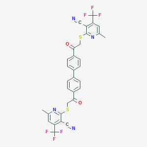 molecular formula C32H20F6N4O2S2 B334526 2-({2-[4'-({[3-Cyano-6-methyl-4-(trifluoromethyl)-2-pyridinyl]sulfanyl}acetyl)[1,1'-biphenyl]-4-yl]-2-oxoethyl}sulfanyl)-6-methyl-4-(trifluoromethyl)nicotinonitrile 