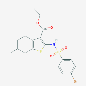 molecular formula C18H20BrNO4S2 B334937 Ethyl 2-{[(4-bromophenyl)sulfonyl]amino}-6-methyl-4,5,6,7-tetrahydro-1-benzothiophene-3-carboxylate 