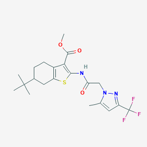 molecular formula C21H26F3N3O3S B334971 methyl 6-tert-butyl-2-({[5-methyl-3-(trifluoromethyl)-1H-pyrazol-1-yl]acetyl}amino)-4,5,6,7-tetrahydro-1-benzothiophene-3-carboxylate 