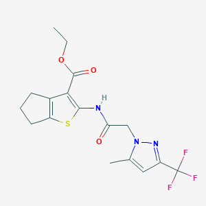 molecular formula C17H18F3N3O3S B334972 ethyl 2-({[5-methyl-3-(trifluoromethyl)-1H-pyrazol-1-yl]acetyl}amino)-5,6-dihydro-4H-cyclopenta[b]thiophene-3-carboxylate 