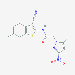 molecular formula C16H17N5O3S B334976 N-(3-cyano-6-methyl-4,5,6,7-tetrahydrobenzo[b]thiophen-2-yl)-2-(5-methyl-3-nitro-1H-pyrazol-1-yl)acetamide 
