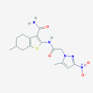 molecular formula C16H19N5O4S B334979 2-[({3-nitro-5-methyl-1H-pyrazol-1-yl}acetyl)amino]-6-methyl-4,5,6,7-tetrahydro-1-benzothiophene-3-carboxamide 