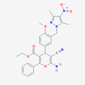 molecular formula C28H27N5O6 B334986 ethyl 6-amino-5-cyano-4-{3-[(3,5-dimethyl-4-nitro-1H-pyrazol-1-yl)methyl]-4-methoxyphenyl}-2-phenyl-4H-pyran-3-carboxylate 