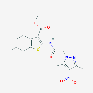 molecular formula C18H22N4O5S B334993 methyl 2-[({4-nitro-3,5-dimethyl-1H-pyrazol-1-yl}acetyl)amino]-6-methyl-4,5,6,7-tetrahydro-1-benzothiophene-3-carboxylate 