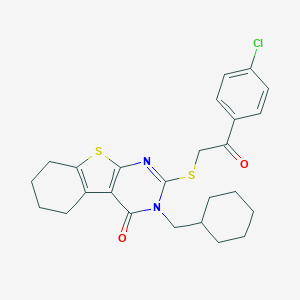 molecular formula C25H27ClN2O2S2 B335053 2-{[2-(4-chlorophenyl)-2-oxoethyl]sulfanyl}-3-(cyclohexylmethyl)-5,6,7,8-tetrahydro[1]benzothieno[2,3-d]pyrimidin-4(3H)-one 