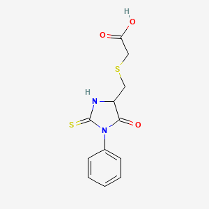 molecular formula C12H12N2O3S2 B3351471 Acetic acid, [[(5-oxo-1-phenyl-2-thioxo-4-imidazolidinyl)methyl]thio]- CAS No. 36301-90-3