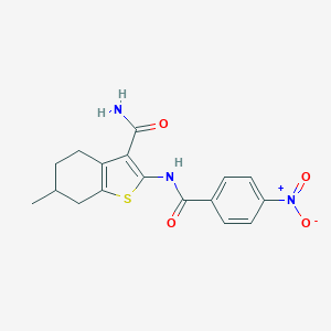 molecular formula C17H17N3O4S B335243 2-({4-Nitrobenzoyl}amino)-6-methyl-4,5,6,7-tetrahydro-1-benzothiophene-3-carboxamide 